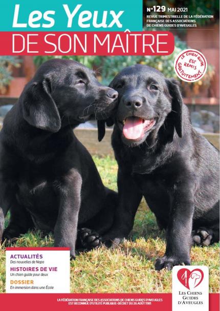 Il s'agit de la couverture de la revue &quot;les yeux de son maître&quot; numéro 129. Nepal et Nesta, deux futurs chiens guides d'aveugles se font un câlin