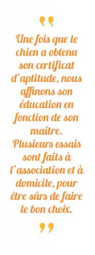 C'est une citation de Magali DELMAS : &quot; Une fois que le chien a obtenu son certificat d’aptitude, nous affinons son éducation en fonction de son maître. Plusieurs essais sont faits à l’association et à domicile, pour être sûrs de faire le bon choix.&quot;